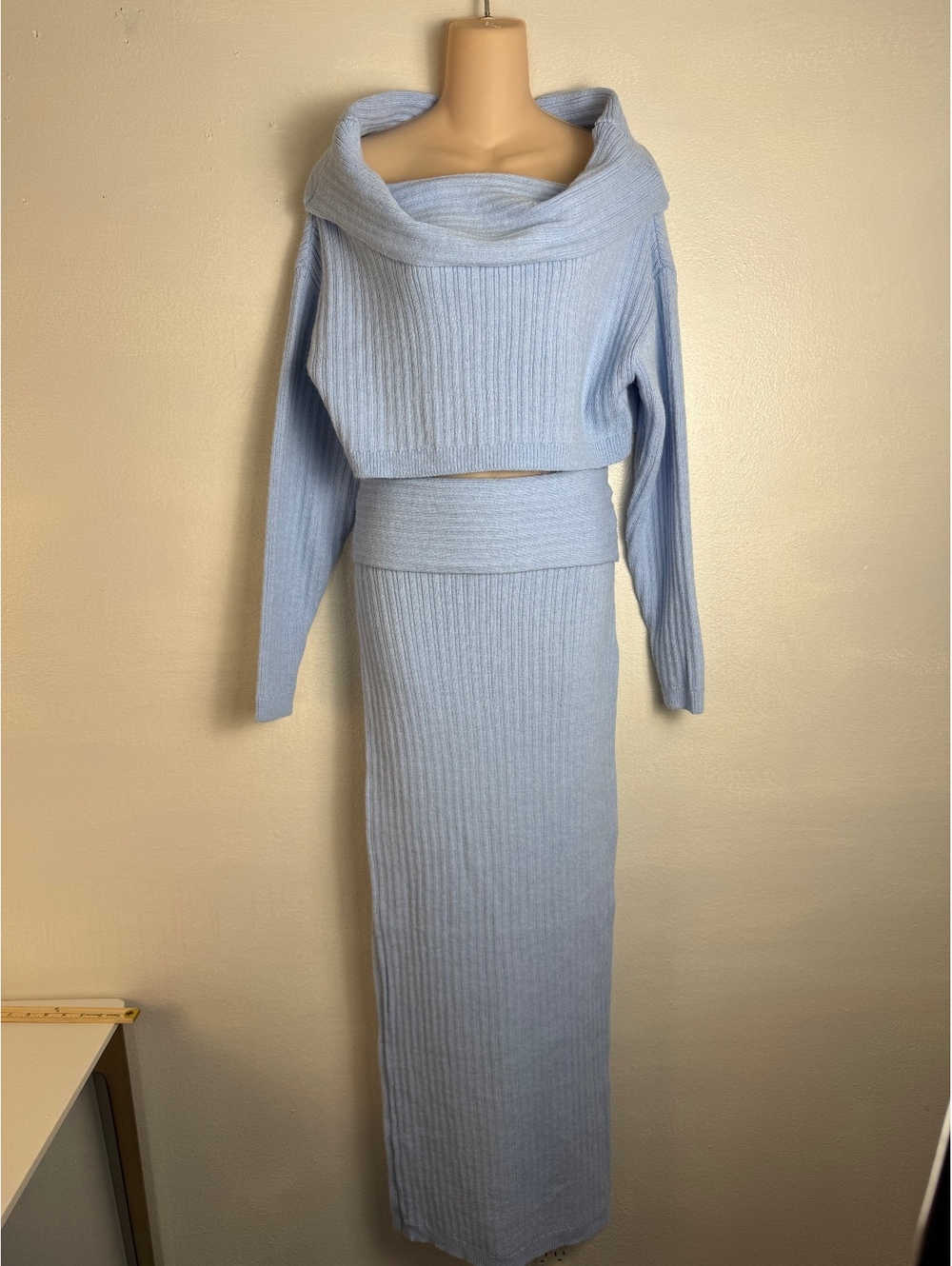 Fashion Nova Nevea Light Blue Off Shoulder Sweater Maxi Skirt Set S NWT